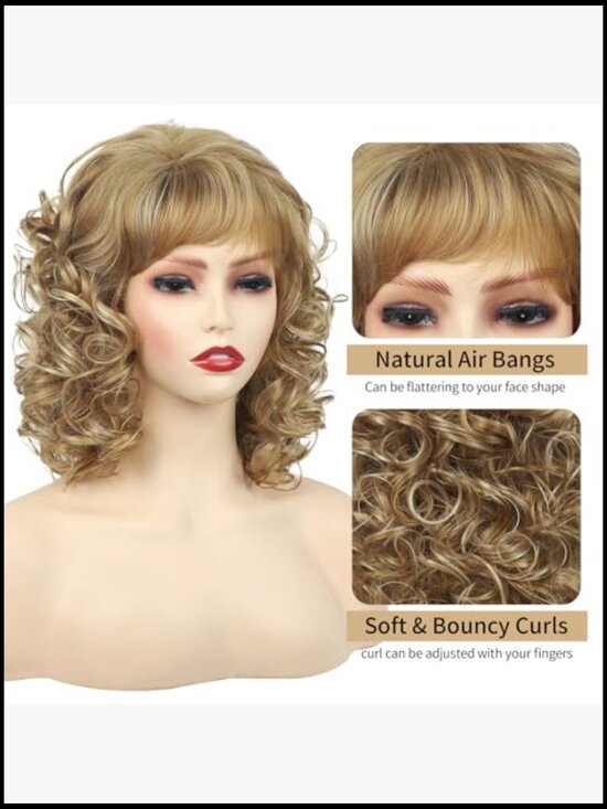 Short Blonde Curly Wig with Bangs Shoulder Length Shaggy Synthetic Full Wig